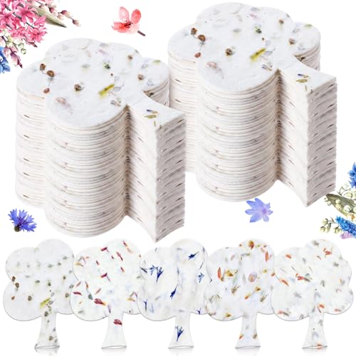 100 Pcs Handmade Seed Paper Plantable Wildflower Seed Paper Recycled Flower Petals Tags Wedding Favors for Guests Gifts Cards for Envelope Birthday Party, 5 Styles (Tree Shape) - style: Tree Shape