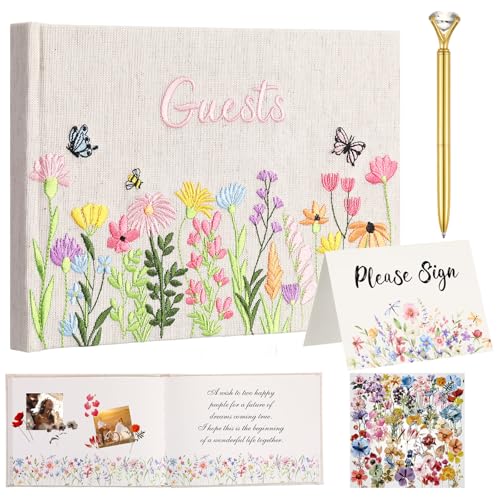 Ctosree Wildflower Baby Shower Guest Book with Pen,Colorful A,8.3 * 6 Inch | Hard Cover Embroidered Fabric, Gold Pen Stand Sign Stickers, Wedding Reception Bridal Shower Party Memory Keepsake - color: Colorful, size: 8.3*6 Inch