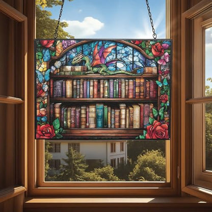 Customized Rectangle Whimsical Dragon On Bookshelves Stained Glass Suncatcher Stained Glass Window Hangings Birthday Gift for Mom Grandma Teacher Women Friend Christmas - color: Whimsical Dragon on Bookshelves 2, size: 9.4x7.1 IN