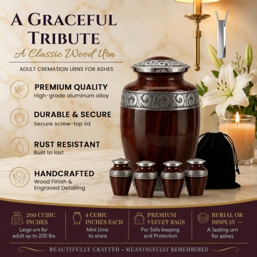 Set of 6 Custom Engraved Wooden Grain Cremation Urns for Human Ashes Adult Male & Female - Includes 1 Large Wooden Grain Urn with 4 Small Keepsakes & 1 Silver NecklaceUrn - color: Wooden Grain - Custom Strandard Set