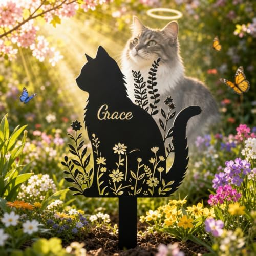 Personalized Cat Memorial Garden Stake, Cat Grave Marker with Name, Pet Grave Markers Cat for Outdoor Yard, Waterproof Metal Cat Memorial Sign, Pet Loss Gifts for Loss of Cat - color: Cat 1