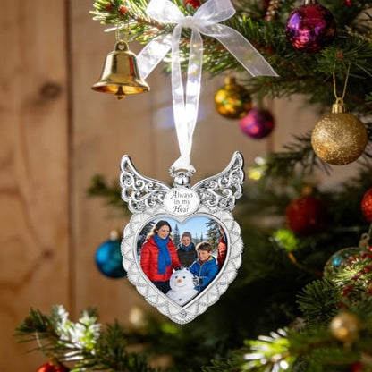 Angel Wing Heart Hanging Picture Frame 2.5x2.5 Memorial Metal Photo Ornament “Always in My Heart” Keepsake (Silver)