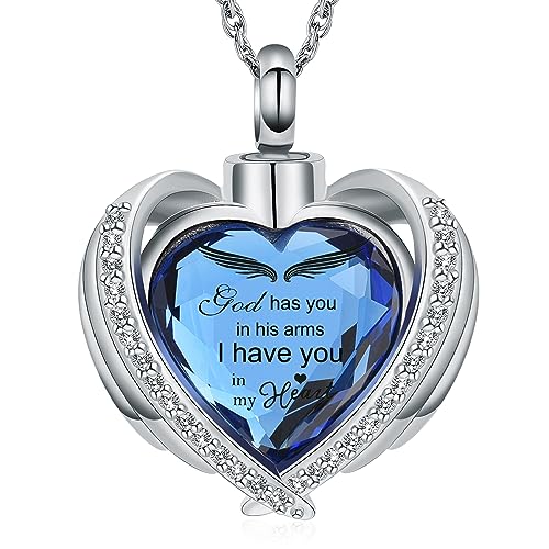 shajwo Angel Wing Heart Urn Ashes Necklace for Women Men | Cremation Jewelry,Birthstone Necklace of Loved One,Memorial Pendant for Human Pet - color: Silver-Blue