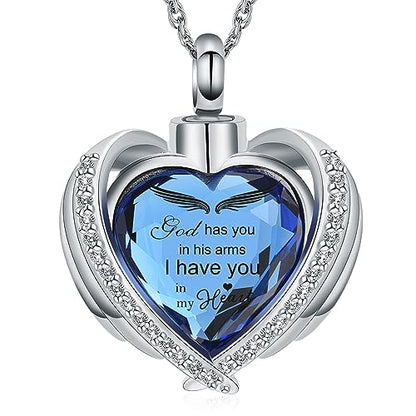 shajwo Angel Wing Heart Urn Ashes Necklace for Women Men | Cremation Jewelry,Birthstone Necklace of Loved One,Memorial Pendant for Human Pet - color: Silver-Blue