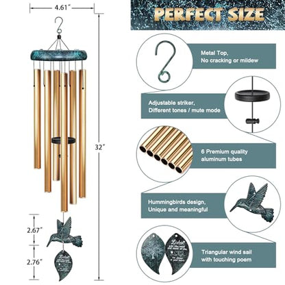 Sympathy Wind Chimes for Outside Deep Tone, Memorial for Loss of Loved One Prime, Bereavement Condolence Remembrance Funeral Gifts for Grieving Friends Loss of Mother Father - size: F-Green Hummingbird
