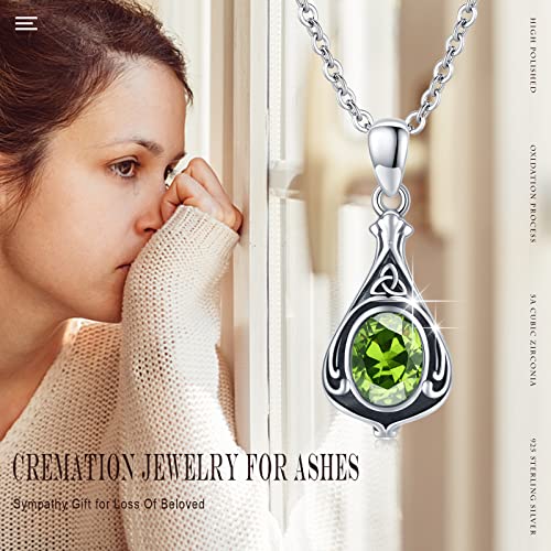 Urn Necklace for Ashes Cremation Jewelry 925 Sterling Silver Ashes Pendant Necklace Memorial Jewelry Gifts for Women Men Girls Boys - style: Celtic-August-Peridot