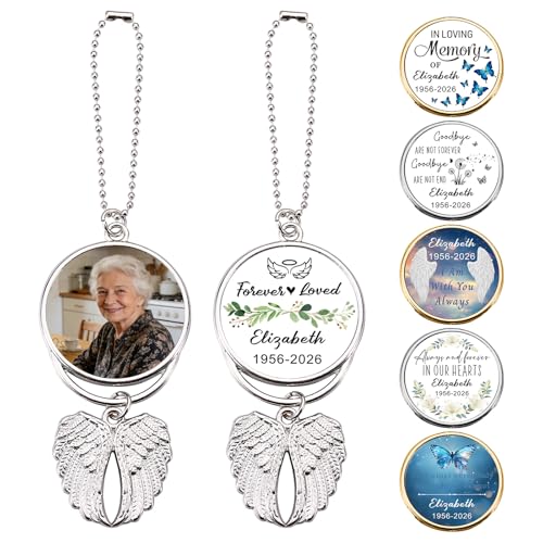 Personalized Memorial Bereavement Gift Custom Double Side Photo Text Car View Mirror Accessories Pendant Angel Wings Memorial Gifts Sympathy Gifts Condolence Ornaments for Loss of Loved Ones (Style-7) - color: Style-7