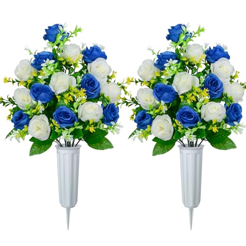 XONOR Artificial Cemetery Flowers, Set of 2 Artificial Rose Bouquet Graveyard Memorial Flowers with Vase for Cemetery Headstones Decoration (Dark Blue&White-2Pcs) - color: Dark Blue&white-2pcs