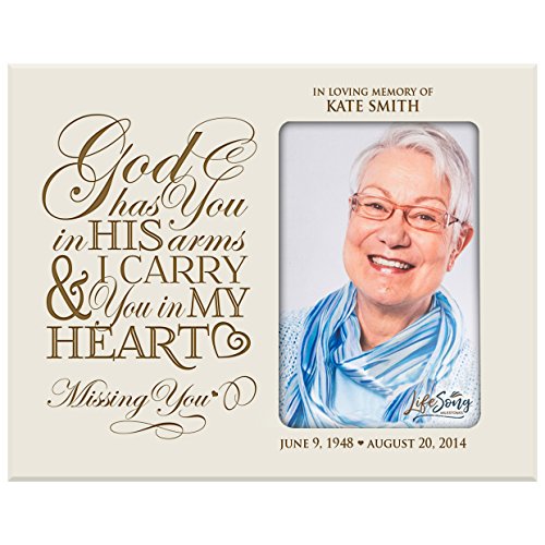 LifeSong Milestones Personalized Memorial Sympathy Picture Frame, God Has You in His Arms & I Carry You in My Heart, Custom Frame Holds 4x6 Photo, Made in USA (Ivory) - color: Ivory