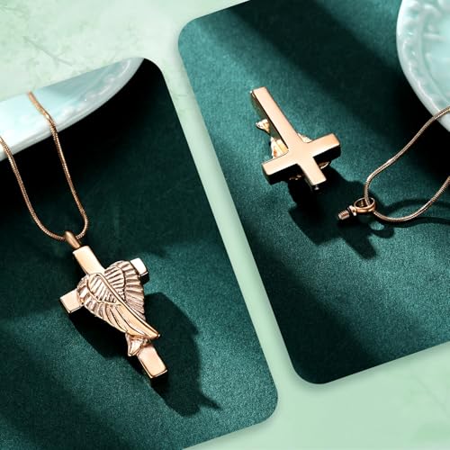 Cross Cremation Jewelry Urn Necklaces Cross Angel Wings Urn Necklaces for Ashes Memorial Keepsake Pendant for Women Men Gifts With Funnel Kit & Bag - color: Rose