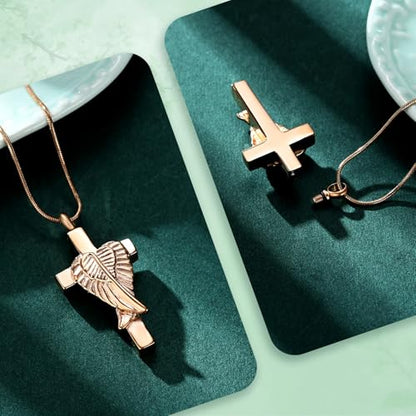 Cross Cremation Jewelry Urn Necklaces Cross Angel Wings Urn Necklaces for Ashes Memorial Keepsake Pendant for Women Men Gifts With Funnel Kit & Bag - color: Rose