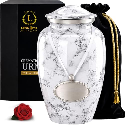 White Cremation Urns for Human Ashes Adult Female & Male with Customizable Medallion | Elegant White Marble Finish Metal Memorial Urn for Men & Women | Decorative Funeral Urns - Large, 220 lbs - color: White, size: Large