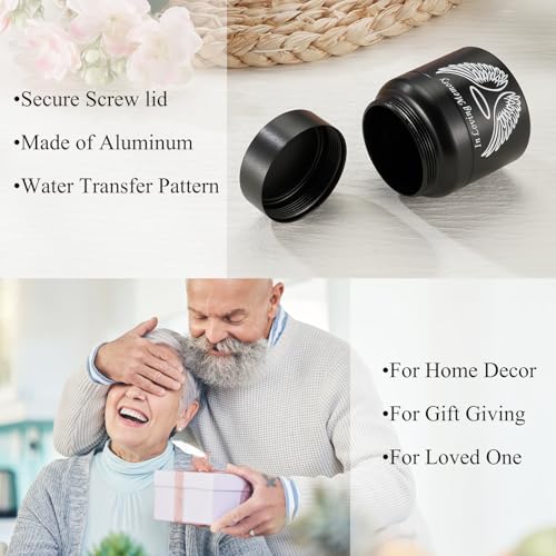 SOITIS Cremation Urn - 2.36 Inch Small Urn for Human Ashes - Elegant Black Aluminum Memorial Keepsake with White Wings Design - Funeral Urn for Ashes, Memorial Keepsake Holder - size: Small