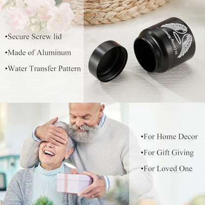 SOITIS Cremation Urn - 2.36 Inch Small Urn for Human Ashes - Elegant Black Aluminum Memorial Keepsake with White Wings Design - Funeral Urn for Ashes, Memorial Keepsake Holder - size: Small