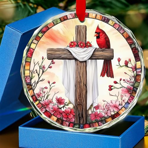 Red Cardinals Cross Glass Christmas Ornament W/Ribbons & Box Hanging Decorations, Christian Gifts for Women Faith Home Decors Jesus Gifts for Women of God Christmas Religious Catholic Religion Gift - color: Cardinal Cross