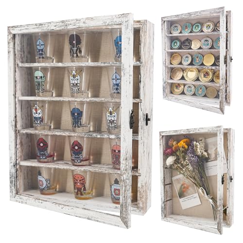 FramePro 11x14 Display Case with Adjustable Shelves White, 4-Tier Memory Shadow Box for Wall, Deep Wooden Keepsake Display Shelf with Locking Door for Memorabilia, Photos, Medals, Wedding, Home Decor - color: Rustic White, size: 11x14
