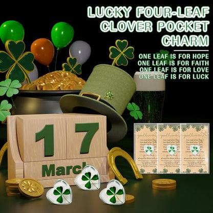 50 Sets Leaf Glass Token, Good Luck Charms Bulk with Irish Greeting Cards & Bags, Heart-shaped Leaf Keepsakes for Family Employee Friends Coworkers Holiday Gifts - style: Four-leaf Clover