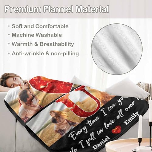 D-Story Custom Photo Blankets with Names Personalized Valentine's Day Gifts for Her Him Customized Picture Blanket Flannel Throw Blanket I Love You Couple Gifts for Wife Husband Anniversary Wedding - color: Vd02