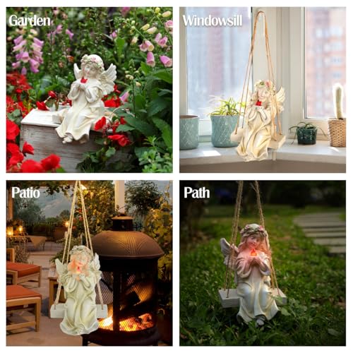 Angel Garden Statue,Fairy Solar Garden Decor with Warm Light | Waterproof Angel Statue with Swing & Holding Bird,Outdoor Garden Decor for Lawn Yard Patio Windowsill Garden Gifts, Apricot - style: Swing Bird Angel