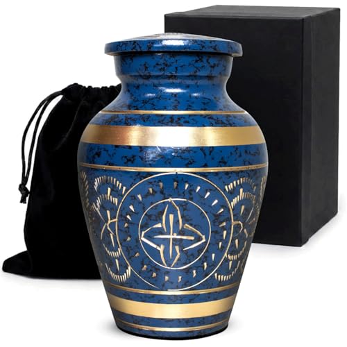 Small Urns for Human Ashes – Brass Hand-Engraved Funeral Keepsake with Elegant Blue Finish – Mini Cremation Memorial for Mom, Dad & Loved Ones - color: Blue