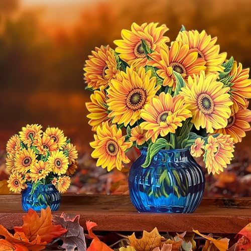 Freshcut Paper Pop Up Cards, Mini Sunflowers, 6 Inch Mini Sized Forever Flower Bouquet 3D Popup Greeting Cards, Birthday Cards, Get Well Gifts, Blank Notecard & Envelope (Pack of 3) - color: Sunflowers, size: Mini (Pack of 3)