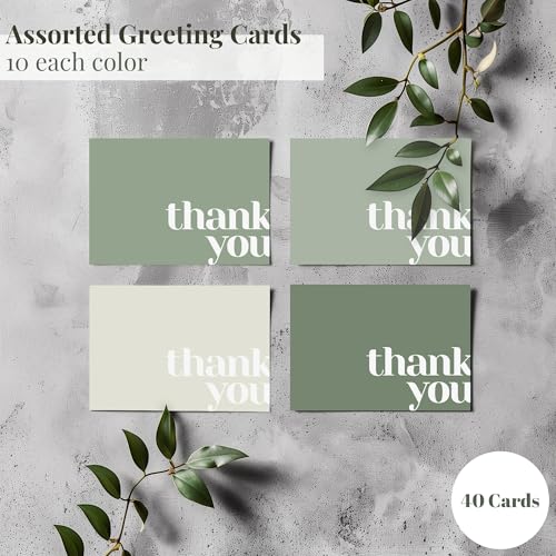 Thank You Cards with Envelopes Bulk Pack of 40 - Green Thank You Cards Set | 5 x 3.5 Inches with Matching Stickers & Envelopes, For Business, Baby Shower, Wedding, Small Business, Graduation, Funeral - color: Green