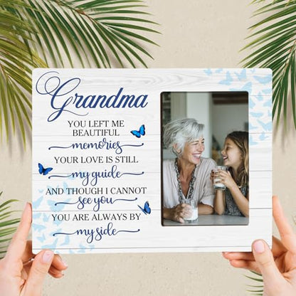 Grandma Memorial Bereavement Butterfly Wooden Picture Frame Gifts for Loss of Grandma, Always By My Side Sympathy Gifts for Loss of Grandmother, Fits 4x6 Photo Frame - color: Blue-grandma