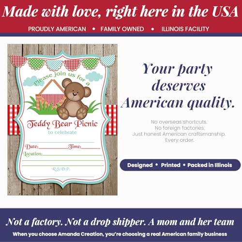 Teddy Bear Picnic Birthday Party Invitations, 20 5x7 Fill In Cards with Twenty White Envelopes by AmandaCreation - style: Teddy Bear Picnic