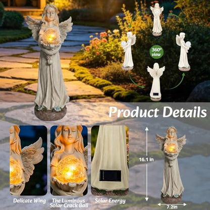 MUMTOP Angel Statues for Garden, White Solar Angels Statue for Cemetery | Lighted Yard Angel Statues Outside with Crackle Glass Ball LED Light,Resin Memorial Figurines Gifts for Women,lawn decoration