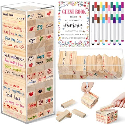 Beeveer 80 Pcs Wedding Guest Book Alternative Wooden Block Guest Book for Wedding Sign in Bridal Shower Decoration 54 Pcs Wooden Block Bridal Shower Game for Sign in, Reception(Wildflower) - style: Wildflower