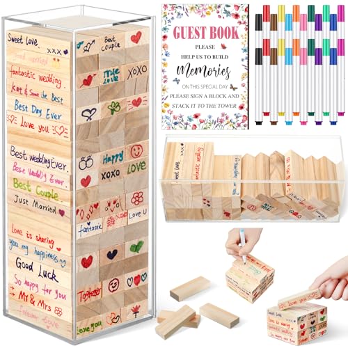 Beeveer 80 Pcs Wedding Guest Book Alternative Wooden Block Guest Book for Wedding Sign in Bridal Shower Decoration 54 Pcs Wooden Block Bridal Shower Game for Sign in, Reception(Wildflower) - style: Wildflower