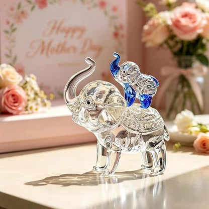 Crystal Elephant Figurines Glass Elephants Gifts for Women | Mom and Son Elephants Collectible, Home Office Tabletop Decor, Mother's Birthday Gifts, Glass Collectibles - style: mom-son(blue)