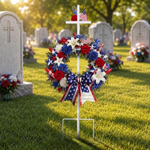 Frienda 1 Pcs White Wreath Stand for Cemetery Adjustable Height 23.6" to 35.4" Cross Design with Hook for Hanging Wreath Hole for Floral Arrangement Outdoor Christmas Grave Gravestone Decoration - color: White