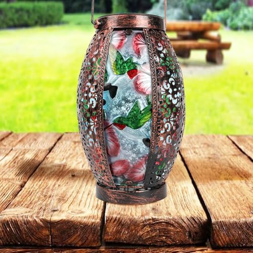 Hanging Solar Lantern Waterproof Garden Light Hummingbird-New | Glass & Metal, Tabletop Light with Hollowed-Out Design for Garden Patio Table Decor, Gifts for Friends and Family - style: Hummingbird+Flower