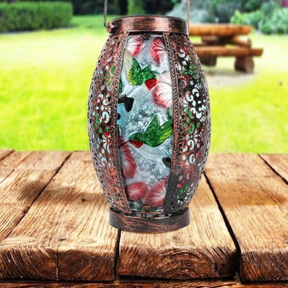 Hanging Solar Lantern Waterproof Garden Light Hummingbird-New | Glass & Metal, Tabletop Light with Hollowed-Out Design for Garden Patio Table Decor, Gifts for Friends and Family - style: Hummingbird+Flower