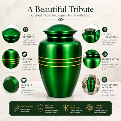 CLEENTABLE Metal Cremation Urn for Human Ashes, Extra Large, Green - color: Green, size: Classic Three-Band - 6.5x11"