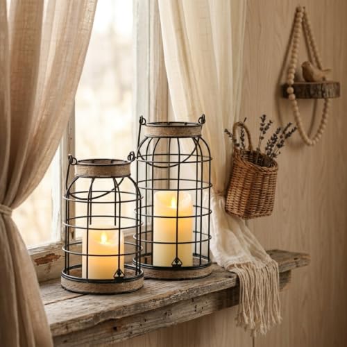 Rustic Farmhouse Candle Lantern, 2Pcs Decorative Lantern Decor with Candles | Set of 2 rustic farmhouse lantern set with candles and wood bead accents for fireplace, porch, patio and tabletop decor