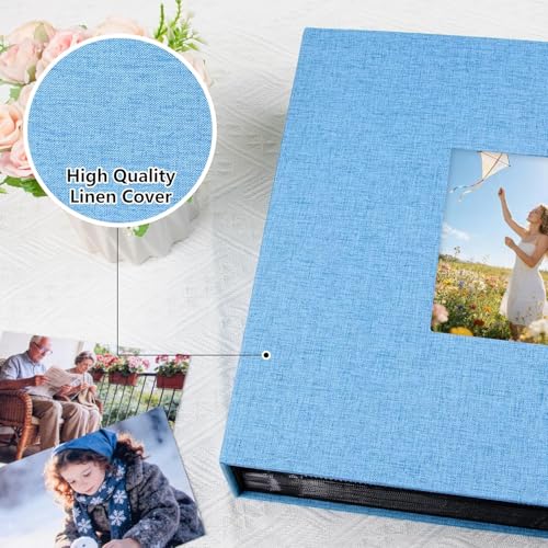 Aevdor Large Capacity 4x6 Photo Album, 1000 Photos, Linen Cover, Blue | Black Inner Pages, 3 Horizontal and 2 Vertical Pockets per Side, Front Photo Window, Family, Wedding & Travel Memories - color: Linen Blue