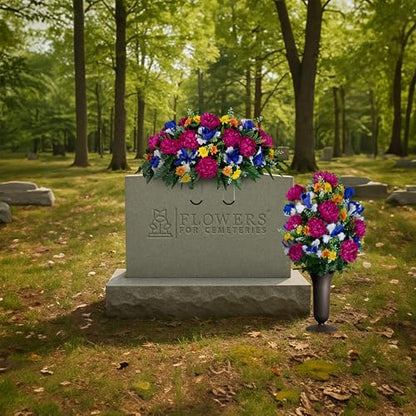 Sympathy Silks - Artificial Flowers for Cemeteries - Fuchsia Mums with Blue Iris - (1) Headstone Saddle (1) Bouquet (1) Vase - size: (1) Saddle (1) Bouquet (1) Vase