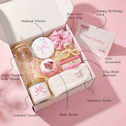 Birthday Gifts for Teen Girl & Women, Pink Bow Trendy Birthdays Gifts Box with Scented Candles, Greeting Card & Cute Accessories, Birthday Presents for Her, Best Friend, Sister, Daughters - color: Pink Bow