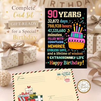 90th Birthday Card, 90th Birthday Card for Women Men with Seal and Envelope, 90 Year Old Birthdayy Cards for Mom Dad Grandma Grandpa from Daughter Son Granddaughter Grandson - color: 90th