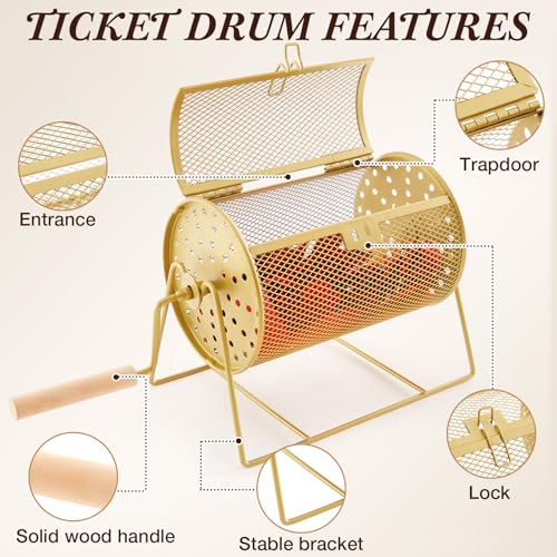 Teenyyou Raffle Drum Holds 600 Tickets, Metal Ticket Wheel Spinner with Stand, Raffle Tickets Cage for Games Events, Parties, School Drawings( Crank Handle, Gold, 7.09" x 4.72", Small) - color: Gold, size: 7.09" X 4.72", Small, style: Crank Handle