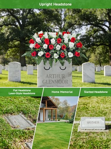 42-Stem Red & White Headstone Flower Saddle with Adjustable Rubber Grip - color: 42 Stem Red & White