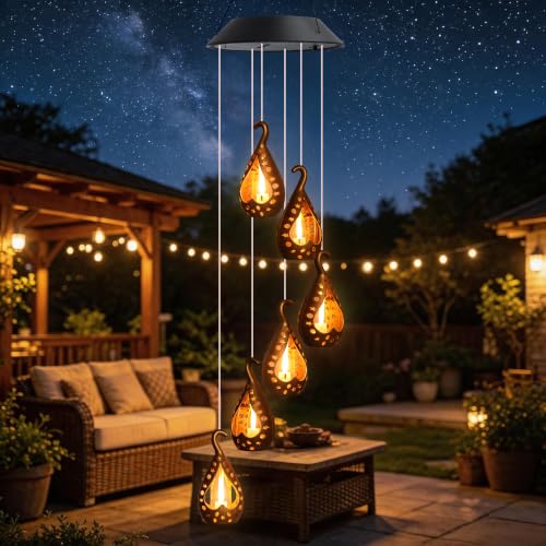 Solar Wind Chime for Ouside, Hanging Outdoor Lights with Flickering Flame | LED Decorative Mobil, Waterproof Solar Outdoor Lights for Garden Yard Patio Window Outdoor Decor, Gift for Mom Grandma Women