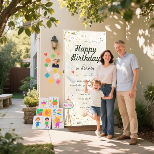 Happy Birthday in Heaven Door Banner Remembrance Memorial Decorations Funeral Memorial Door Banner Heavenly Birthday Remembrance Sign for Cemetery 70.8 * 35.4 inch White