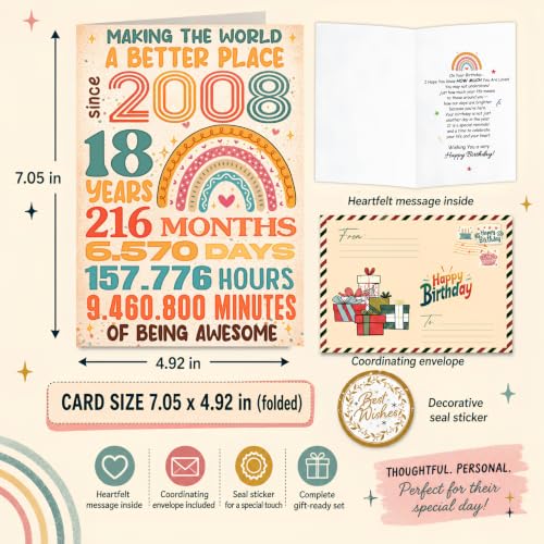 18th Birthday Card, 18 Birthday Card for Girl Boy with Seal and Envelope, Funny 18th Birthdayy Cards for Daughter Granddaughter Son Grandson Friend Sister Brother - color: 18th