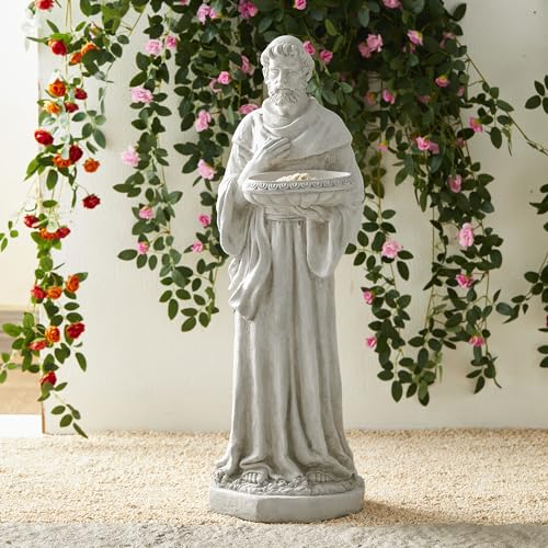 Glitzhome St. Francis Garden Statue with Birdfeeder MGO Outdoor Decoration, 32.75" H, Concrete Gray - style: St. Francis with Birdfeeder
