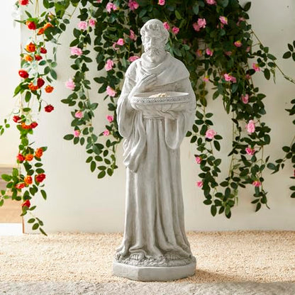 Glitzhome St. Francis Garden Statue with Birdfeeder MGO Outdoor Decoration, 32.75" H, Concrete Gray - style: St. Francis with Birdfeeder