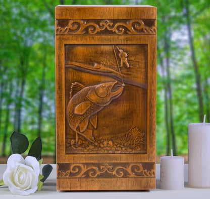 Wooden Cremation Urn for Human Ashes, Adult, Male/Female, Large, Design, 250 lbs Capacity (Walnut Wood Color, 250LBS, Fishing)