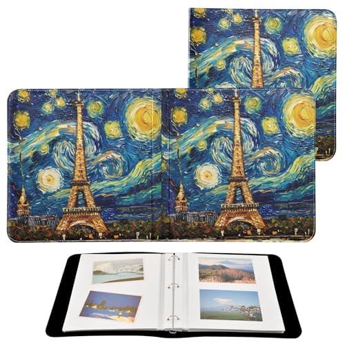 JIPONI Eiffel Tower Paris Van v Gogh Large Photo Album, DIY Leather Cover Scrapbook Albums for 4x6 5x7 6x8 Pictures, Self Adhesive Memory Book for Wedding, Travel, Family - color: Paris Eiffel Tower